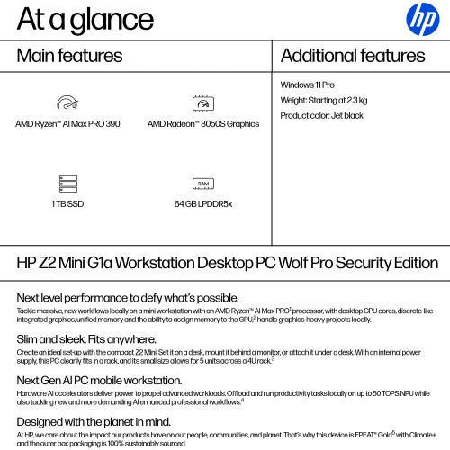 HP Z2 Mini G1a Wolf Pro Security Edition Copilot+ PC AMD Ryzen AI Max PRO 390 64 GB LPDDR5x-SDRAM 1 TB SSD Windows 11 Pro Mini PC Workstation AI Workstation, AI PC Black