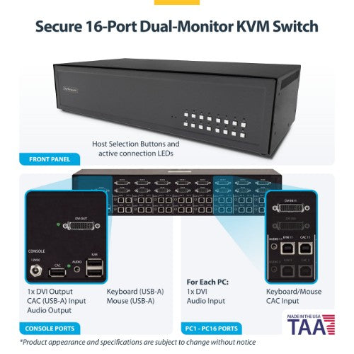 StarTech.com Secure 16-Port KVM Switch, DVI, NIAP 4.0 Desktop KVM, Metal Housing, CAC Port, Made in the USA