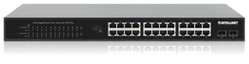 Intellinet 24-Port Gigabit Ethernet PoE+ Switch with 2 SFP Ports IEEE 802.3at/af (PoE+/PoE) Compliant, PoE Power Budget of 370 W, Two 1G SFP Open Slots, 19" Rackmount (with UK power cord)