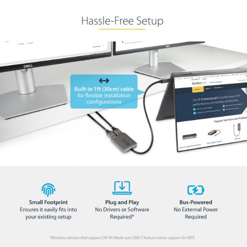StarTech.com USB-C to Dual HDMI Adapter, USB Type-C Multi-Monitor MST Hub, Dual 4K 60Hz HDMI Laptop Display Extender / Splitter, HDR, Extra-Long Built-In Cable - Windows Only