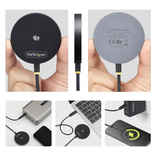 StarTech.com Qi2.2 Certified 25W Magnetic Wireless Charging Pad with 6.6ft (2m) USB-C Tethered Cable, MagSafe Compatible for iPhone 17/16 Pro/Pro Max, Black