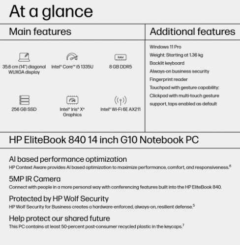 HP EliteBook 840 G10 Intel® Core™ i5 i5-1335U Laptop 35.6 cm (14") WUXGA 8 GB DDR5-SDRAM 256 GB SSD Wi-Fi 6E (802.11ax) Windows 11 Pro Silver