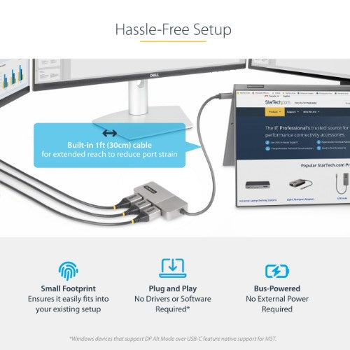 StarTech.com 3-Port USB-C Multi-Monitor Adapter, USB Type-C to 3x DisplayPort 1.4 MST Hub, Triple 4K 60Hz DP Laptop Display Extender / Splitter, HDR, Extra-Long Built-In Cable - Windows Only