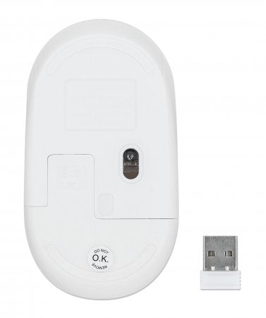 Manhattan Performance III Wireless Mouse, White, 1000dpi, 2.4Ghz (up to 10m), USB, Optical, Ambidextrous, Three Button with Scroll Wheel, USB nano receiver, AA battery (not included), Low friction base, Three Year Warranty