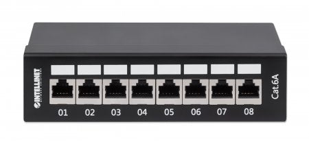 Intellinet Patch Panel, Cat6a, FTP, 8-Port, Desktop, Shielded, 90° Top-Entry Punch Down Blocks, Black