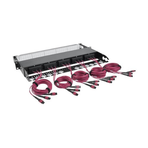 Tripp Lite N48K-15M8L60-B 40/100Gb Fiber Breakout Patch Panel, 40Gb to 4 x 10Gb, 100Gb to 4 x 25Gb, 15 MTP QSFP to 60 LC Duplex OM4 50/125 Multimode Ports, 1U