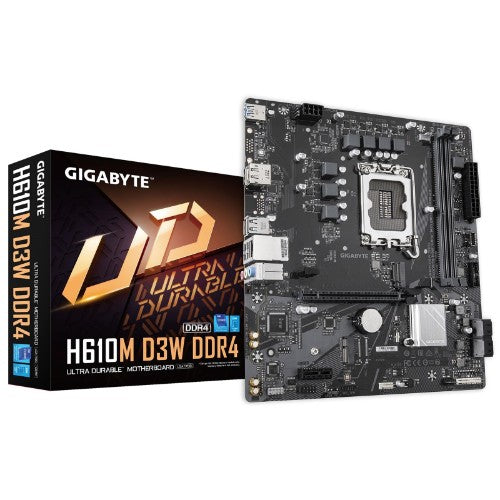 GIGABYTE H610M D3W DDR4 Motherboard - Supports 14th Gen. Intel Core CPUs, 5+1+1 phases VRM, up to 3200MHz DDR4, 1xPCIe 3.0 M.2, 1GbE LAN, USB 3.2 Gen 1