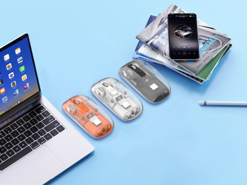 Manhattan Transparent Rechageable Wireless Mouse, Clear/Orange, Adjustable 800/1200/1600dpi, With RGB LED light, 2.4Ghz (effective range up to 10m), USB, Optical, Ambidextrous, Four Button with Scroll Wheel, Slim Design, USB-A micro receiver, Lithium Ion