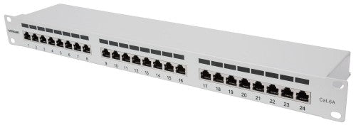 Intellinet Patch Panel, Cat6a, FTP, 24-Port, 1U, Shielded, 90° Top-Entry Punch Down Blocks, Grey