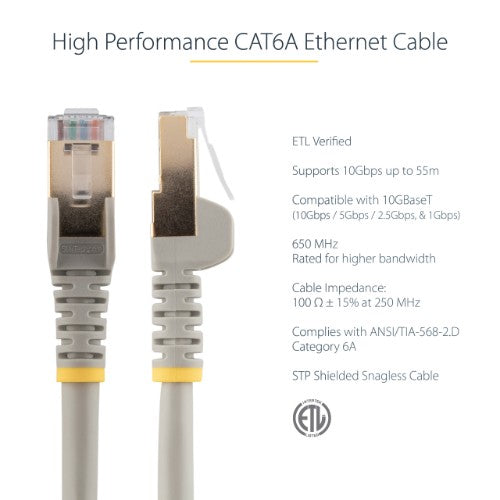 StarTech.com 2m CAT6a Ethernet Cable - 10 Gigabit Shielded Snagless RJ45 100W PoE Patch Cord - 10GbE STP Network Cable w/Strain Relief - Grey Individually Tested/Wiring is UL Certified/TIA