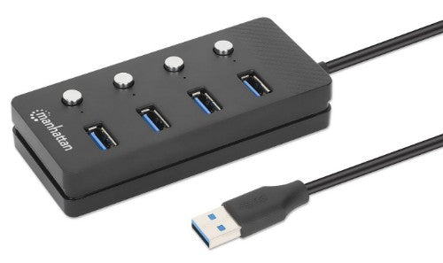 Manhattan USB-C Dock/Hub, Ports (x4) with on/off switch for each port: USB-A (x4), 5 Gbps (USB 3.2 Gen1 aka USB 3.0), Universal for all devices, Bus or AC powered (optional jack, not included), Cable 1.5m, SuperSpeed USB, Black, Three Year Warranty