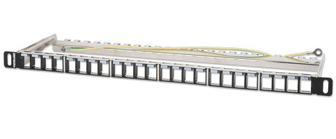 Intellinet 19" 24-Port Shielded Blank Patch Panel, 0.5U, Unloaded 19-inch Rackmount Keystone Panel for High-density Installations, Removable Cable-Management Bar, Black