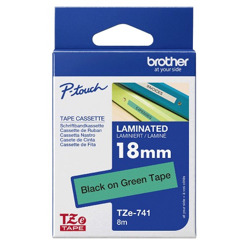 Brother TZE-741 DirectLabel black on green Laminat 18mm x 8m for Brother P-Touch TZ 3.5-18mm/36mm/6-18mm/6-24mm/6-36mm