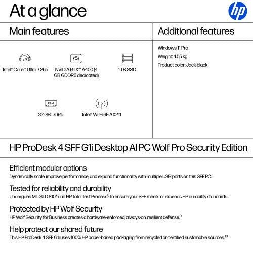 HP ProDesk 4 SFF G1i Desktop AI PC Wolf Pro Security Edition Intel Core Ultra 7 265 32 GB DDR5-SDRAM 1 TB SSD NVIDIA RTX A400 Windows 11 Pro Black