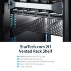 StarTech.com 2U Server Rack Shelf - Universal Vented Rack Mount Cantilever Tray for 19" Network Equipment Rack & Cabinet - Heavy Duty Steel – Weight Capacity 50lb/23kg - 22" Deep Shelf, Black