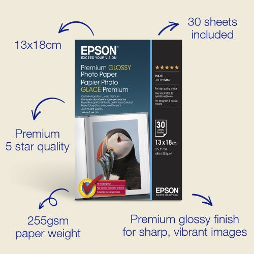 Epson Premium Glossy Photo Paper (130 x 180mm), 255gsm, 30 sheets