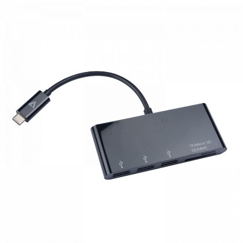V7 Black USB Adapter USB-C Male to 3 x USB 3.0 A Female, Micro SD, SD/MMC