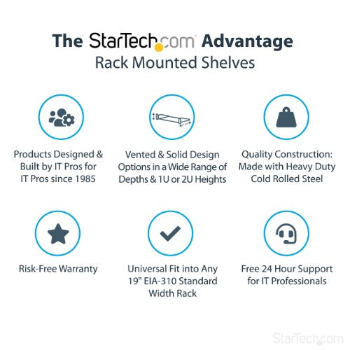 StarTech.com 2U Server Rack Shelf - Universal Rack Mount Cantilever Shelf for 19" Network Equipment Rack & Cabinet - Heavy Duty Steel - Weight Capacity 44lb/20kg - 16" Deep Tray