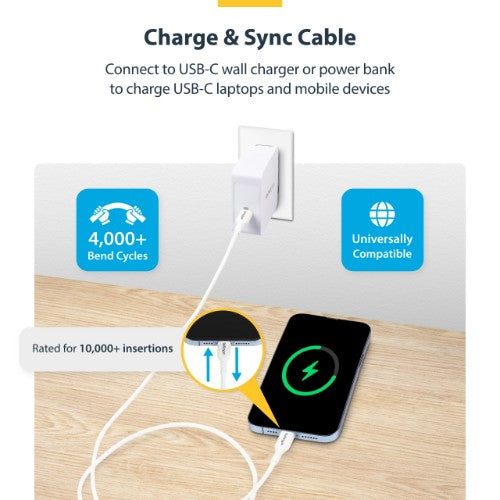 StarTech.com 10ft (3m) USB-C Charging Cable, Charge & Sync, 60W (3A) PD, USB 2.0 Laptop Charger Cable, TPE Jacket - White USB C Charging Cord