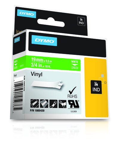 Dymo 1805420 Ribbon Vinyl white on green 19mmx5,5m for Dymo Rhino 6-19mm/24mm