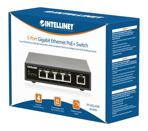 Intellinet 5-Port Gigabit Ethernet PoE+ Switch, Four PSE PoE Ports, IEEE 802.3at/af (PoE+/PoE) Compliant, PoE Power Budget up to 62 W, Desktop Format (with UK power cord)