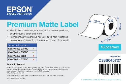 Epson C33S045727 Continous label roll matt Premium 105mm x 35m Pack=1 for Epson TM-C 3500