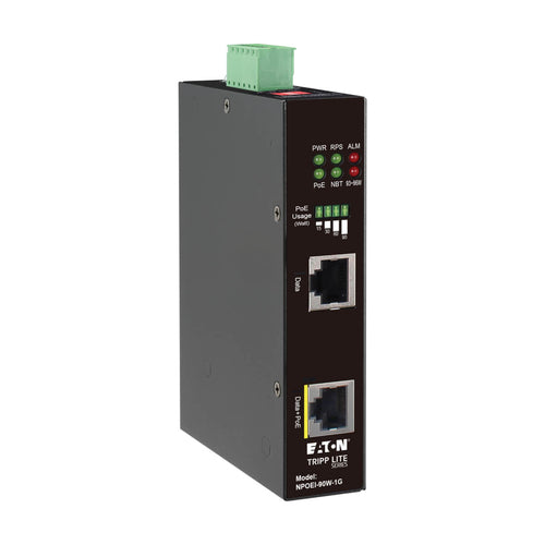 Tripp Lite NPOEI-90W-1G Industrial Gigabit Ethernet PoE injector, 90W PoE++, 802.3bt, Midspan, -40℃ to +75℃, IP30 housing, Dual 24-57VDC , DIN rail, 1 Port