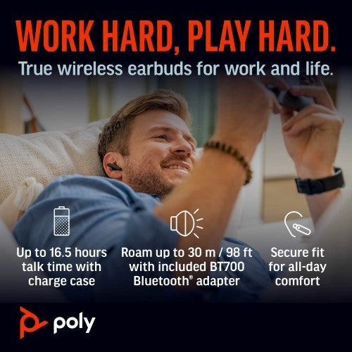 HP Poly Voyager Free 60+ UC Carbon Black Earbuds +BT700 USB-C Adapter +Touchscreen Charge Case