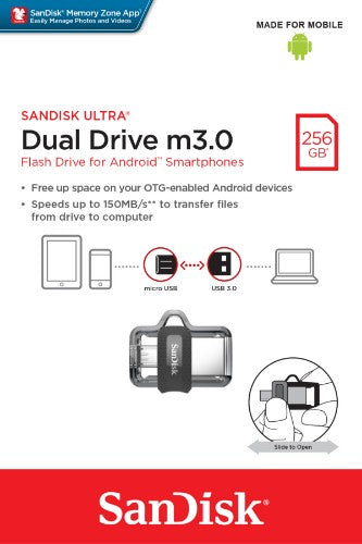 SanDisk Ultra Dual m3.0 USB flash drive 256 GB USB Type-A / Micro-USB 3.2 Gen 1 (3.1 Gen 1) Black, Silver, Transparent