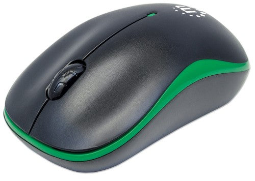 Manhattan Success Wireless Mouse, Black/Green, 1000dpi, 2.4Ghz (up to 10m), USB, Optical, Three Button with Scroll Wheel, USB micro receiver, AA battery (included), Low friction base, Three Year Warranty