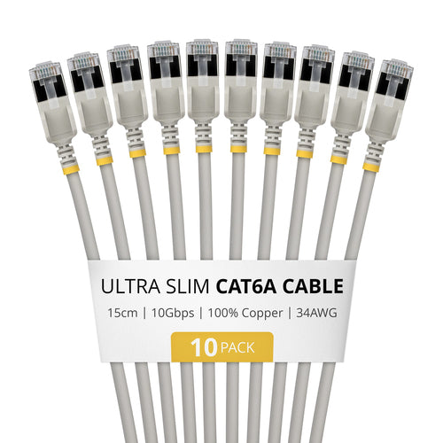 StarTech.com 15cm Gray Ultra Slim Cat6A Ethernet Cable, 10 Pack, Snagless, FTP, Pure Bare Copper Wire, 34AWG Ultra Slim RJ45 Network Patch Cord, Individually Tested