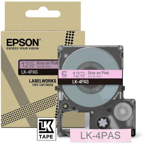Epson C53S672103/LK-4PAS DirectLabel-etikettes gray on pink 12mm x 8m for Epson LabelWorks LW-C 410/610