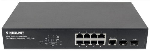 Intellinet 8-Port Gigabit Ethernet PoE+ Web-Managed Switch with 2 SFP Ports, IEEE 802.3at/af Power over Ethernet (PoE+/PoE) Compliant, 140 W, Endspan, Desktop, 19" Rackmount (UK power cord)