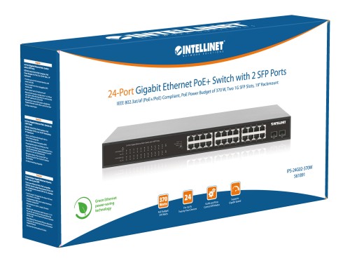 Intellinet 24-Port Gigabit Ethernet PoE+ Switch with 2 SFP Ports IEEE 802.3at/af (PoE+/PoE) Compliant, PoE Power Budget of 370 W, Two 1G SFP Open Slots, 19" Rackmount (with UK power cord)