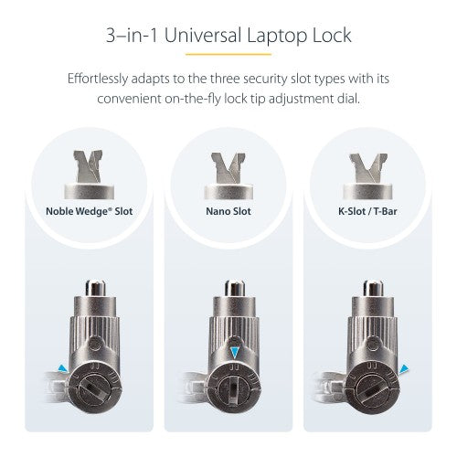 StarTech.com 3-in-1 Universal Laptop Lock 6.6ft (2m), Master Keyed Locking Cable, Compatible w/Noble Wedge®/Nano/K-Slot, Anti-Theft Cut-Resistant Cable, TAA