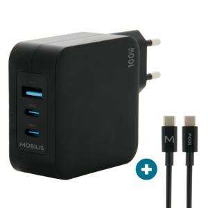 Wall Charger - 100 W - 2 USB C + 1 USB A GaN + cable - 2m - 100W